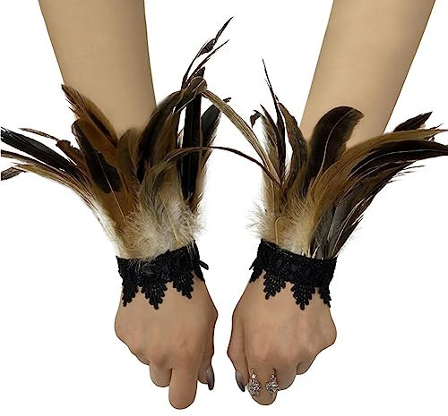 Asudaro Damen Kostüme Manschetten, Frauen Feder Handgelenk Manschetten Gothic Feder Manschette Spitze Fingerlose Vintage Feder Lange Handschuhe Armbänder Karneval Kostüm Accessoire Typ 06