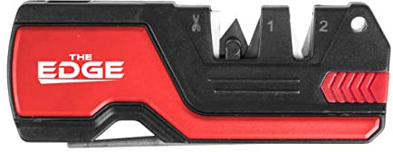 THE EDGE 6in1 Messerschärfer mit Feuerstein & Pfeife Messerschleifer glatt + Wellenschliff Messer kleiner Messerschärfer Schärfer Schleifgerät Messer Messerschleifgerät (Rot)