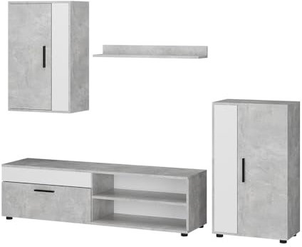 Vicco Wohnwand Berno, TV-Wand, Beton/Weiß, 4er Set