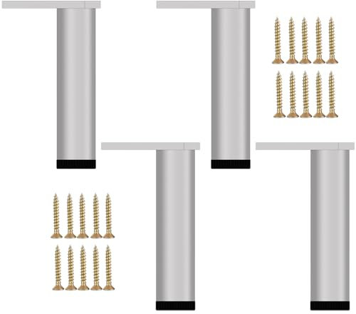 KMERCE 4 Stück Möbelfüße, silberfarben, Metall, moderne Tischbeine, Ersatzbeine für Couchtisch, TV-Möbel, Schrank, Esstisch, Bett, mit Schrauben + rutschfeste Unterseite + Höhe verstellbar von 40 –