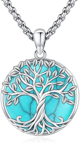 Eusense 925 Sterling Silber mit Türkis Baum Leben Anhänger Halskette Baum des Lebens Halskette Schmuck Geschenk für Frauen Mädchen