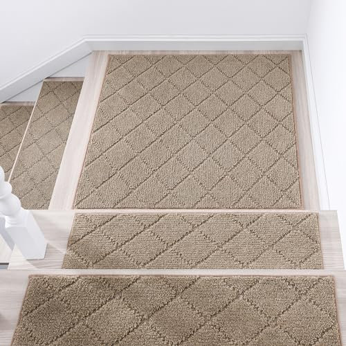 COSY HOMEER Peldaños Antideslizantes para Escaleras de Interior, Alfombras Antideslizantes para Peldaños de Madera, para Niños y Perros, 100 % Poliéster, Parte Trasera de TPE, Beige, 30 x 30 Pulgadas