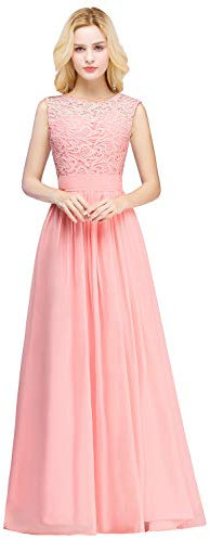 SWEMILE Robe de Cocktail Plissée Top en Dentelle Robe Soirée Femme Longue en Mousseline Swing pour Bal Mariage sans Manches Col Rond Robe Anniversaire Femme de Mariée Champêtre Robe Rose 36