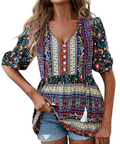 NRTOTI V-Ausschnitt Krawatte Lässig Bedrucktes Mode Freizeithemd Langarm Top Lässiges, bedrucktes Hemdoberteil mit V-Ausschnitt und Schnürung im Boho-Stil Longblusen und Tuniken Damen