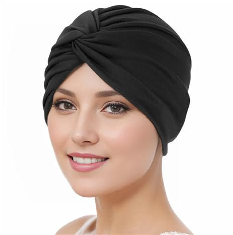 HPONEZJ Turban Damen Chemo Cap Baumwolle Kopfwickel Mütze Vorgebunden Knot Turbanhut Beanie Elastisch Headwraps Schlafhut Krebs Kappe Afrikanisch Muslim Kopftuch für Haarverlust Schlafen Schwarz