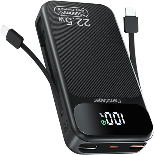Power Bank 25 800 mAh, 22,5 W PD3.0 QC4.0 Batterie externe pour téléphone portable, écran LCD, charge rapide, avec câble USB-C, sorties et entrées USB C, chargeur portable pour smartphone, tablette