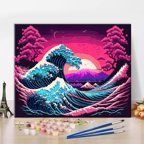 Paint by Numbers for Adults with Sea Waves Motif Artwork, Paint by Numbers Sets, Spray Tree Pattern on Canvas, Beginners, DIY Mountain Chain and Tree Painting Art Sets, 16 x 20 Inches