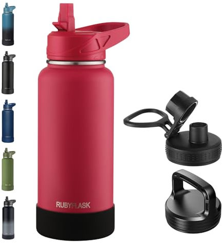 RUBYFLASK 32oz Insulated Water Bottle with Straw, Stainless Steel Metal Vacuum Water Flask, Large Thermal Water bottle with Leakproof 3 Lids for Travel, Camping, Gym Sports Red
