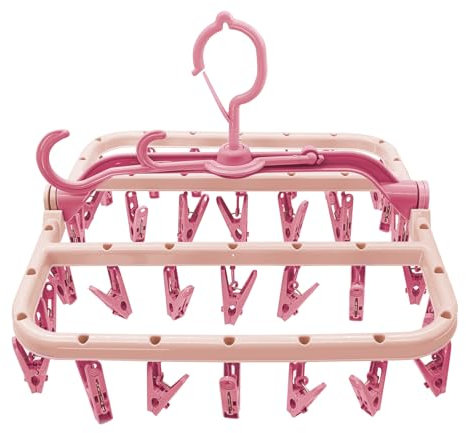 Newthinking Séchoir à chaussettes avec pinces pour corde à linge, cintre pliable en plastique portable avec 32 clips et crochet rotatif à 360° pour petits vêtements, chaussettes, sous-vêtements (rose)