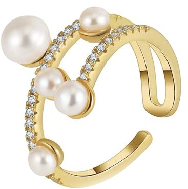 Mesnt Ring 925 Gold, Offener Verstellbarer Ring mit Inlay aus Zirkonia und Perle, Gold
