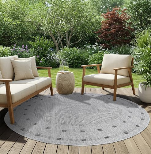 TAPISO Melissa Rund In & Outdoorteppich Grau Schwarz 140 x 140 cm | UV-Resistent strapazierfähiger Teppich mit Sisaloptik für Küche Flur Wohnzimmer Balkon Terrasse Modern OEKO-TEX