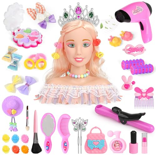 Everideals 39PCS Hair Styling Doll Head Makeup Kit for Girls,Pretend Play Hair Styling Set,with Hairdryer Curling Iron Crown Hairpins Accessories Kit Birthday Gifts for 3 4 5 6+ Years Old Toy
