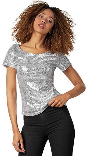 dressforfun 901013 Damen Pailletten Top, Glitzer Kurzarm Oberteil, Silber - Diverse Größen - (S)