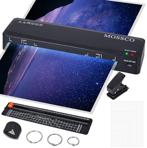 MOSSCO Laminiergerät A3 A4 A5 A6, Heiß und Kalt Laminiermaschine mit 20 Laminierfolien, Papierschneider, Eckenabrunder, Locher und 3 Binderingen für Büro, Schule und zu Hause