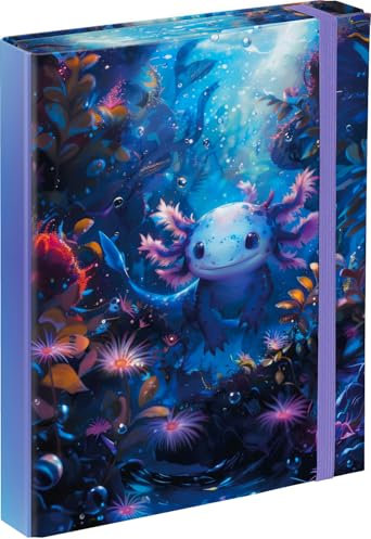 Baagl Heftbox für Schulranzen - Heftmappe A5 für Kinder mit Gummiband und Innenklappen - Sammelmappe, Sammelbox mit Gummizug für Mädchen (Axolotl)