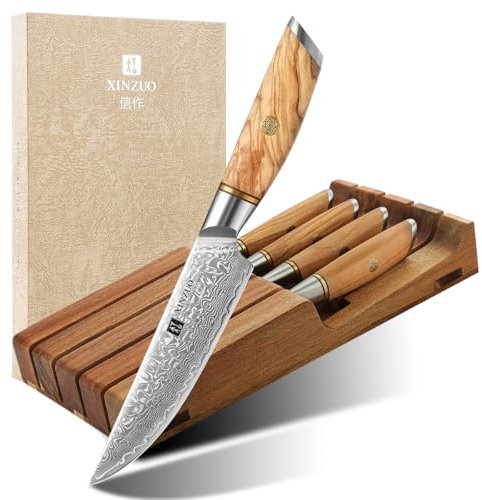 XINZUO 5 Pezzi Set di Coltelli da Bistecca -73 Strati Acciaio a Polvere di Damasco Coltelli da Carne Premium Coltello da Tavola -Manico in Legno d'Ulivo -Affilati Lama Diritta -con Scatola Regalo