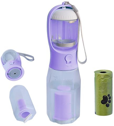 PANJAL Bouteille d'eau portable pour chien, 600 ml, multifonction 4 en 1, anti-fuite, sans BPA, compartiment à goûter, filtre à charbon – pour marche, randonnée, voyage – Turquoise (lévandre, 600 ml