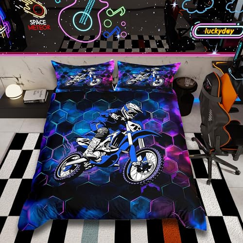 Homemissing Blau Lila Honeycomb Dirt Bike Bettwäsche Set 135x200cm für Kinder Teens Jungen Extreme Sports Betten Hexagonal Atmungsaktiv Bettbezug mit Reißverschluss Geometric Bettwäsche-Set