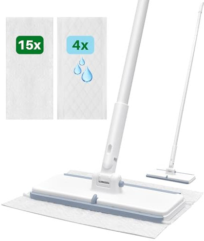 LyriFine Bodenwischer Set 2-in-1, Trocken- und Nasswischmopp mit 1s Pad-Befestigung, One-Touch Abwurf, Wischer Boden mit Wasserabzieher, für Staub, Haare, Schmutz, 15 Trockentücher, 4 Feuchttücher