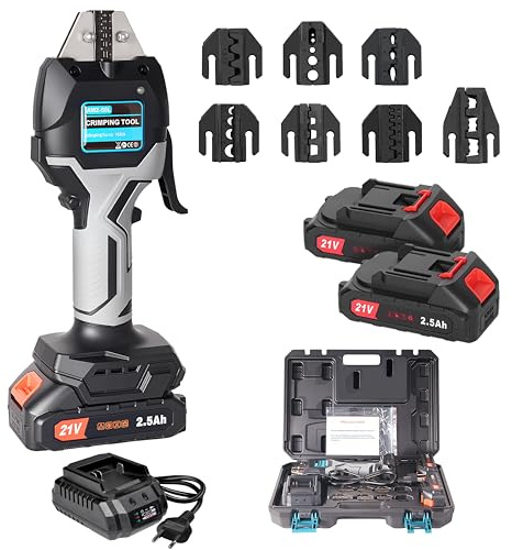 Akku Presszange 16kN 0,5-50mm² Crimpzange Kabelschuhe mit 7 Matrizen | 21V Doppelakku mit Auto-Rücklauf & LED-Statusanzeige für mobiles Crimpen in KFZ, Schaltschrank, Baustelle und Werkstatt