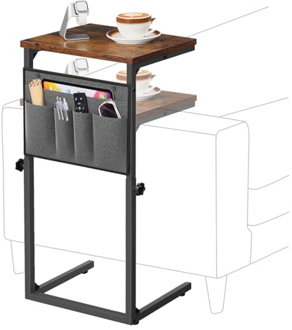 HOOBRO C-Form Beistelltisch, Höhenverstellbar 50–75 cm, Sofatisch, Couchtisch mit 5 Oxford-Stofftaschen, für Wohnzimmer, Schlafzimmer, Badezimmer, Freizeitbereich, Vintagebraun und Schwarz EBF77SF01