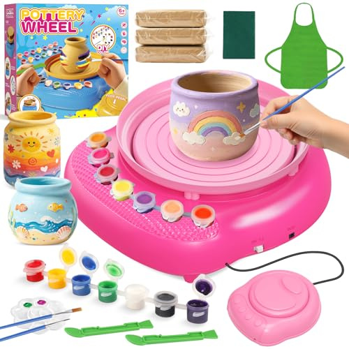 Weilim Pottery Wheel for Kids 6-12 Years Old, DIY Clay Kit, Tools & Gift | Complete beginner kit: 3 air-dry clay packs, 14 paints, tools, apron & USB-rechargeable wheel. Birthday gift for ages 6-12.
