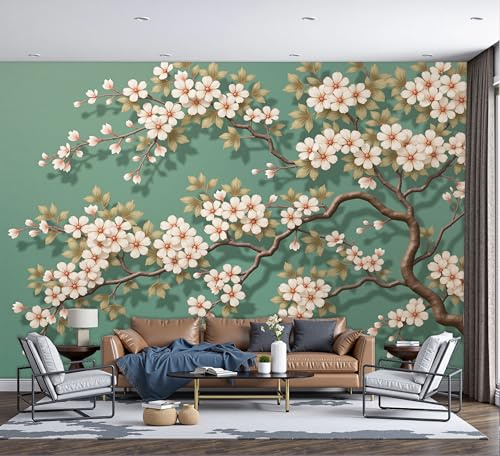 SMBHIAON Papier Peint Panoramique Plantes Et Fleurs 250×175 Cm - Décoration Murale Moderne – Tapisserie Décorative Pour Chambre Salon - Fleurs De Cerisier Japonaises- Vert