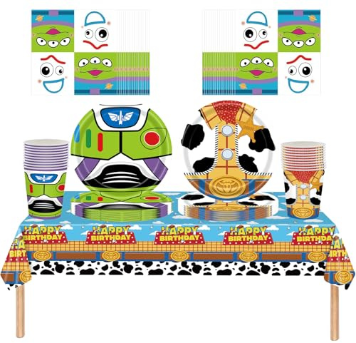 Juego de vajilla para fiestas Toy Story de 61 piezas, decoraciones para fiestas de cumpleaños infantiles, que incluye vasos, platos, manteles y servilletas, con capacidad para 20 invitados