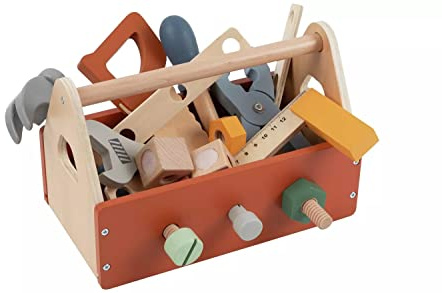 My First Toolbox Carpenter Wooden Building Tools Play Set Construction Wood Craft Pretend Play Builder Woodwork Preschool Learning Toy for Kids Children Boys Girls Ages 3 year old +