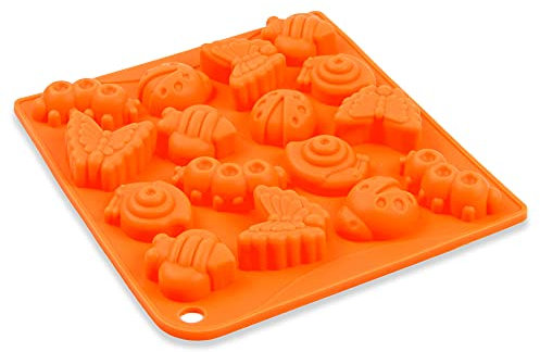 Silikonform mit 16 Insekten, Eiswürfelform, Pralinenform Bienen, Schokoladeform, Giessform, Silicone Mold, Seifenform, Kuchenverzierung, Schmetterling, Raupe, Käfer, Farbe: Orange