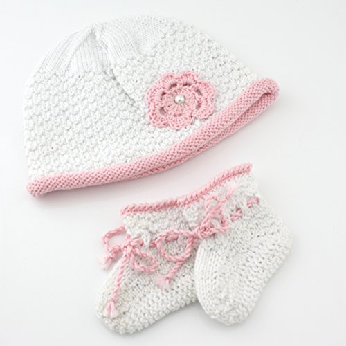 Babysocken Stricken Set - Strickset/Häkelset Schuhe + Mütze Blütenzauber - Babymütze Stricken – Strickpackung Baby: 3 Knäuel Baumwolle Cotton Pure weiß und grün + Strickanleitung + Nadeln