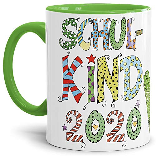 Tassendruck Geschenk Tasse zur Einschulung für Kinder mit Spruch - SCHULKIND 2020 - Geschenkidee zum Schulanfang/Erinnerung Schulbeginn/Erstklässler 2020 Junge - Innen & Henkel Hellgrün