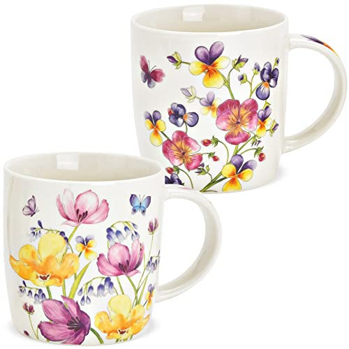 Tassen 2er Set weiß mit Blumen Motiv - Schöne Porzellan Kaffeetassen in 350ml für Cappuccino Kaffee Tee - Außergewöhnliche Kaffeebecher spülmaschinenfest und mikrowellengeeignet als Geschenk