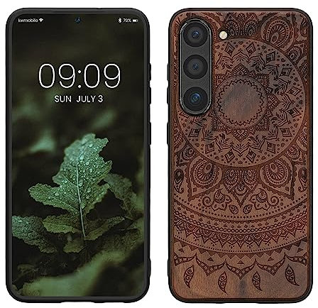 kwmobile Hülle kompatibel mit Samsung Galaxy S23 Hülle - Holz Case - Handy Cover - TPU Handyhülle in Dunkelbraun Indische Sonne