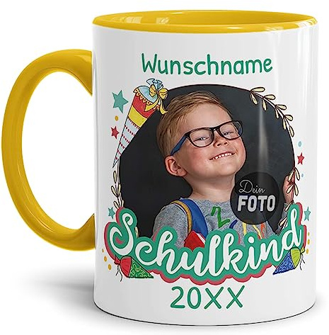 Tassendruck Personalisierbare Tasse zur Einschulung - Schulkind mit Foto, Name und Jahr personalisiert - personalisierte Geschenke zur Einschulung Jungen | 300ml, Innen & Henkel Gelb