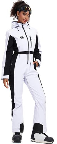 HOTIAN Damen Skianzug Damen Einteiler Skioverall Winter Warme Schnee Skifahren Winddicht Wasserdicht Outdoor Schneeoverall Jumpsuit Mit Kapuze Verdicken Schneeanzug Ski Suit White XS