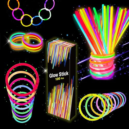 Barras Luminosas - 100 Pulseras Fluorescentes y 100 Conectores, Neon Kits para Crear Collares, Fiesta Nochevieja Navidad Boda Cumpleaños Decoracion Regalo para Niños Adultos