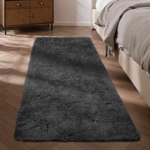 Sour Lemon Teppich Wohnzimmer 60x220cm, Grauer Läuferteppich für Schlafzimmer, Waschbarer Anti-Rutsch Flauschiger Teppich Zottiger Weicher Moderner Bodenteppich Matte Neben Teppichen für Kinder Flur