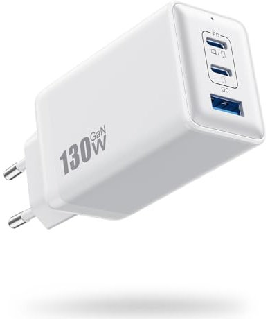 Cargador USB C 130W, PD QC GaN III Cargador USB de Pared con 3 Puertos, Enchufe USB C Carga Rápido 65W Compatible con MacBook Pro/Air, Dell XPS, iPhone 16/15/14, iPad Pro, Galaxy S23,Switch etc-Blanco