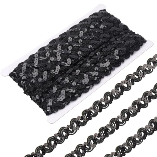 CABODYALS 11 m Schwarzer Gewellter Paillettenbesatz Aus Polyester Runde Funkelnde Bänder Rolle Flache Glänzende Paillettenstreifen Zum Nähen Herstellen von Verzierungen Dekorationen Geschenkverpackung