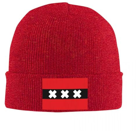 GONMFKM Unisex-Strickmütze – Modische Thermo-Skull-Mütze mit Amsterdam-Flagge, Weiche Wintermütze, Crimp-Uhrenmütze, Wintermütze für Damen und Herren, Rot, Einheitsgröße