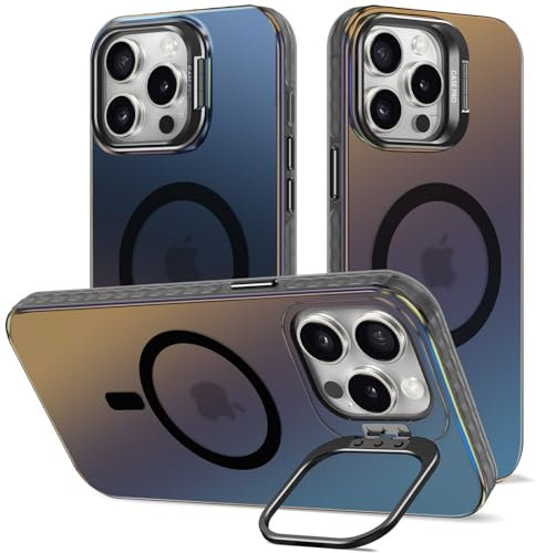 für iPhone 15 Pro Max Hülle mit Ständer Kompatibel mit MagSafe, Magnetisch Kickständer Handyhülle Irisierend Farbverlauf Stoßfest Kratzfest Case Farbwechsel Effekt Matt Bunt Schutzhülle, Schwarz