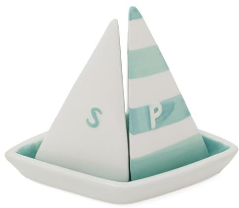 Carousel Home Sailboat Salt & Pepper Shakers | Nautical Boat Shaped Salt and Pepper Pots | Novelty Ceramic Cruet Set with Tray