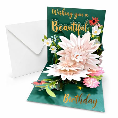 Pop Up Birthday Card for Women – 3D Lotus Flower Card with Envelope