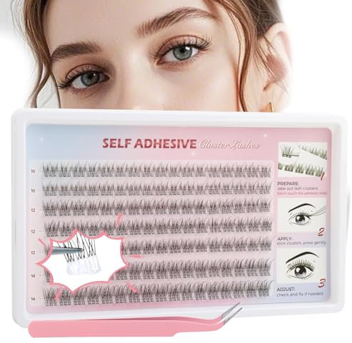 Kiusatig Pre Glued Cluster Lashes 119 Pcs, Self Adhesive Eyelashes Individual Kit with Tweezer, No Glue Needed 10-14mm Press-On Eye Lashes Wispy Reusable Easy to Apply