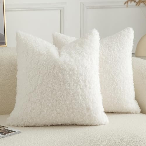 Joyouth 2er Set Curly Teddy Wolle Faux Pelz werfen Kissenbezug Abdeckungen Fuzzy Akzent weiche Sherpa Kissenbezüge Schaffel Fleece Dekorative Kissen Fall für Sofa Couch Wohnzimmer 40x40 cm Reines Weiß