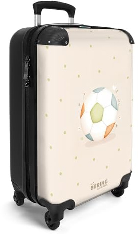 NoBoringSuitcases© Handgepäck Koffer Kinder Reisekoffer Kinderkoffer 4 | 55x35x20 cm - Rollen Leicht Cabin Trolley Hartschalenkoffer für Jugendliche Fußball - Pastell - Beige - Dots