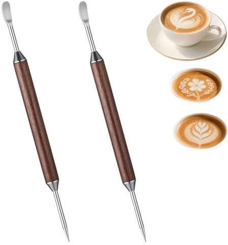 Classicseali 2 Stück Latte Art Pen 16cm, Latte Art Stift, Barista Zubehör | Edelstahl Kaffee Kunst Stift mit Holzgriff, Professioneller Barista Latte Art Set für Cappuccino, Latt, Espresso Dekorieren