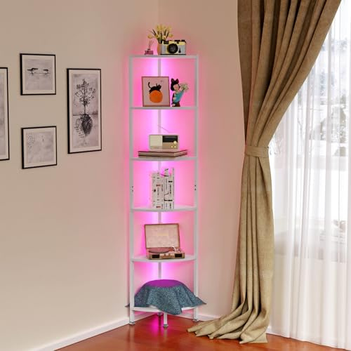Lvhcmfohm Eckregal Stehend mit 6 Ebenen, Regal mit 16 Farben LED-Leuchten, Enthält Zwei Zubehörteile gegen Umkippen, Bücherregal, Büroregal, offene Ablagen, für Wohnzimmer, 172x30x30cm, Marmorweiß
