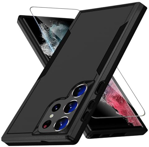 KOGENG Handyhülle für Samsung Galaxy S22 Ultra Hülle mit Schutzfolie, Matt PC Hard Rückseite Anti-Fingerabdruck Kratzfest TPU Bumper Stoßfest Haltbar Schutzhülle für Samsung S22 Ultra Case (Schwarz)